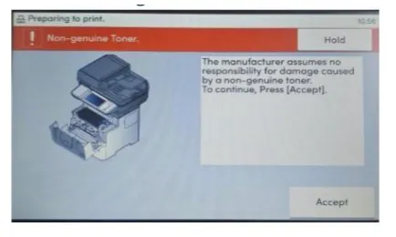 Сообщение Non-genuine Toner на сенсорной панели Kyocera
